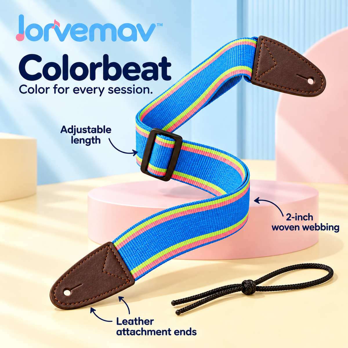 lorvemav™ Colorbeat Adjustable Guitar Strap, 2-Inch Woven Polyester Strap with Leather Ends & Headstock Tie for Acoustic and Electric Guitars