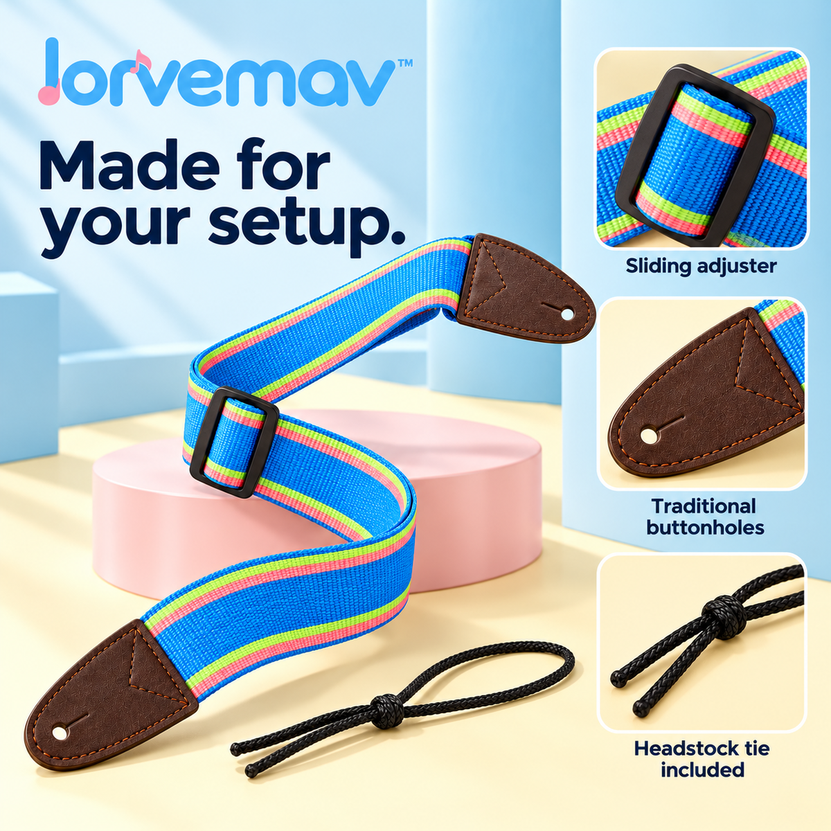 lorvemav™ Colorbeat Adjustable Guitar Strap, 2-Inch Woven Polyester Strap with Leather Ends & Headstock Tie for Acoustic and Electric Guitars