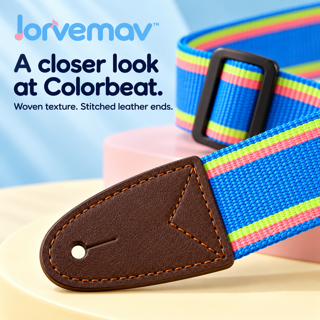 lorvemav™ Colorbeat Adjustable Guitar Strap, 2-Inch Woven Polyester Strap with Leather Ends & Headstock Tie for Acoustic and Electric Guitars