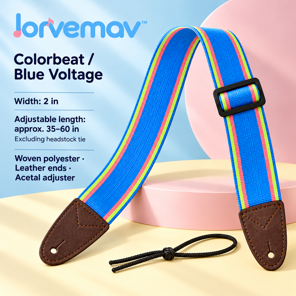 lorvemav™ Colorbeat Adjustable Guitar Strap, 2-Inch Woven Polyester Strap with Leather Ends & Headstock Tie for Acoustic and Electric Guitars