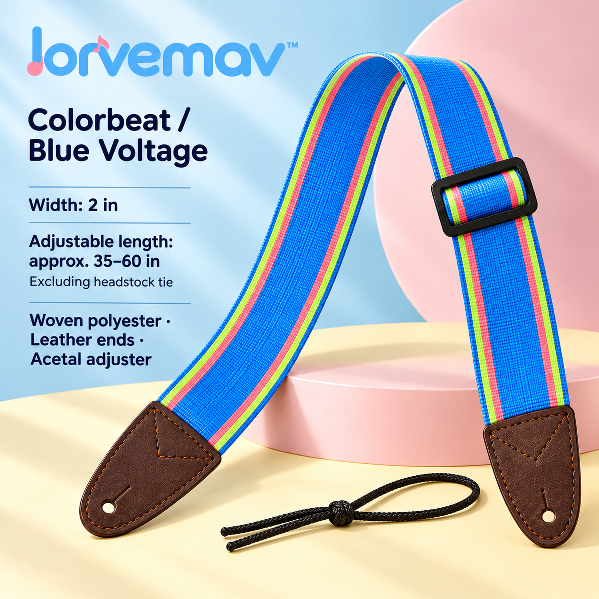 lorvemav™ Colorbeat Adjustable Guitar Strap, 2-Inch Woven Polyester Strap with Leather Ends & Headstock Tie for Acoustic and Electric Guitars