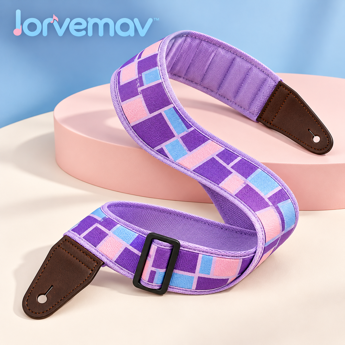lorvemav™ Groovegrid 2.5-Inch Padded Guitar & Bass Strap, Adjustable Color-Block Instrument Strap with Leather Ends