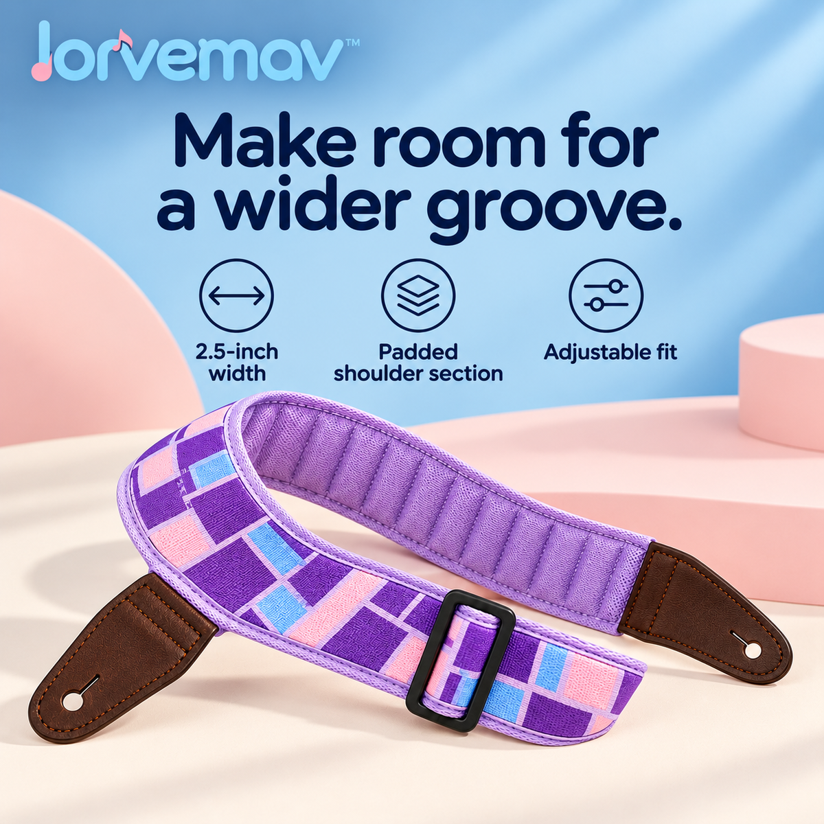 lorvemav™ Groovegrid 2.5-Inch Padded Guitar & Bass Strap, Adjustable Color-Block Instrument Strap with Leather Ends