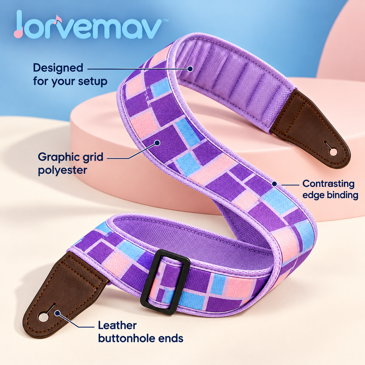 lorvemav™ Groovegrid 2.5-Inch Padded Guitar & Bass Strap, Adjustable Color-Block Instrument Strap with Leather Ends