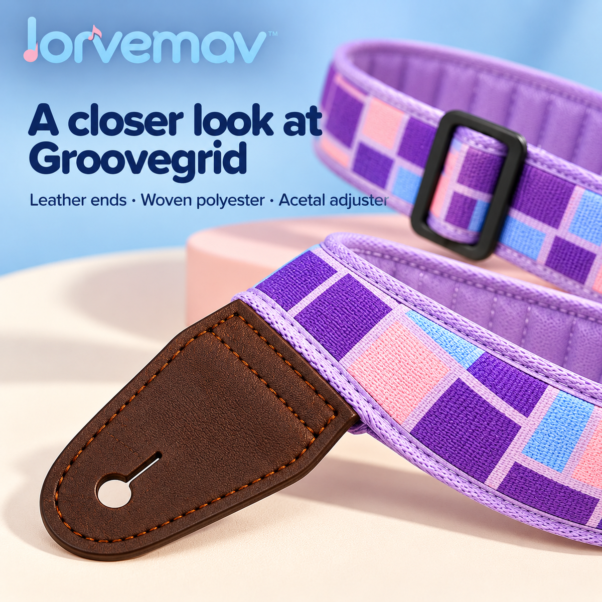 lorvemav™ Groovegrid 2.5-Inch Padded Guitar & Bass Strap, Adjustable Color-Block Instrument Strap with Leather Ends