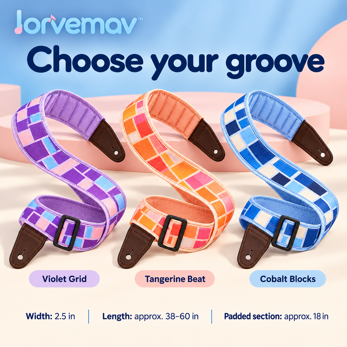lorvemav™ Groovegrid 2.5-Inch Padded Guitar & Bass Strap, Adjustable Color-Block Instrument Strap with Leather Ends