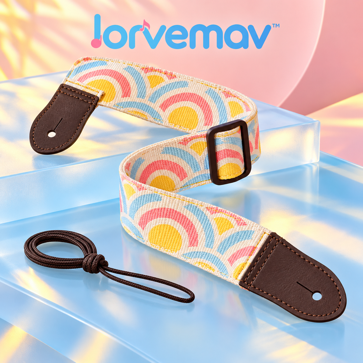lorvemav™ Sunloop Adjustable Ukulele Strap, 1.5-Inch Woven Strap with Leather Ends & Headstock Tie for Soprano, Concert and Tenor Ukuleles