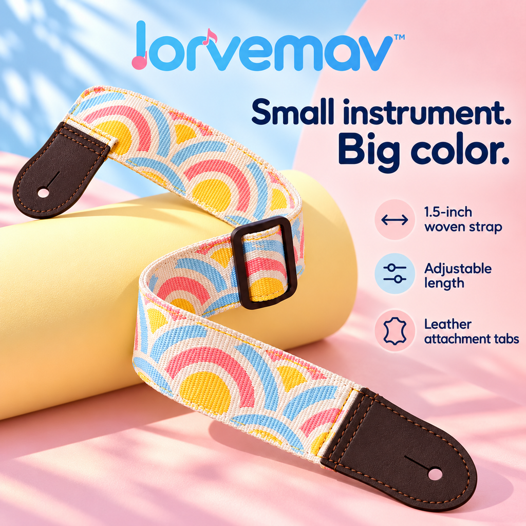 lorvemav™ Sunloop Adjustable Ukulele Strap, 1.5-Inch Woven Strap with Leather Ends & Headstock Tie for Soprano, Concert and Tenor Ukuleles