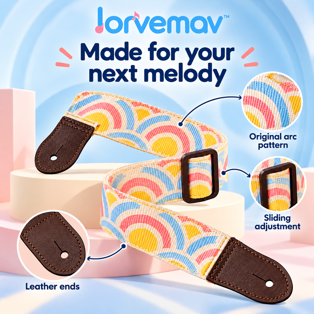lorvemav™ Sunloop Adjustable Ukulele Strap, 1.5-Inch Woven Strap with Leather Ends & Headstock Tie for Soprano, Concert and Tenor Ukuleles