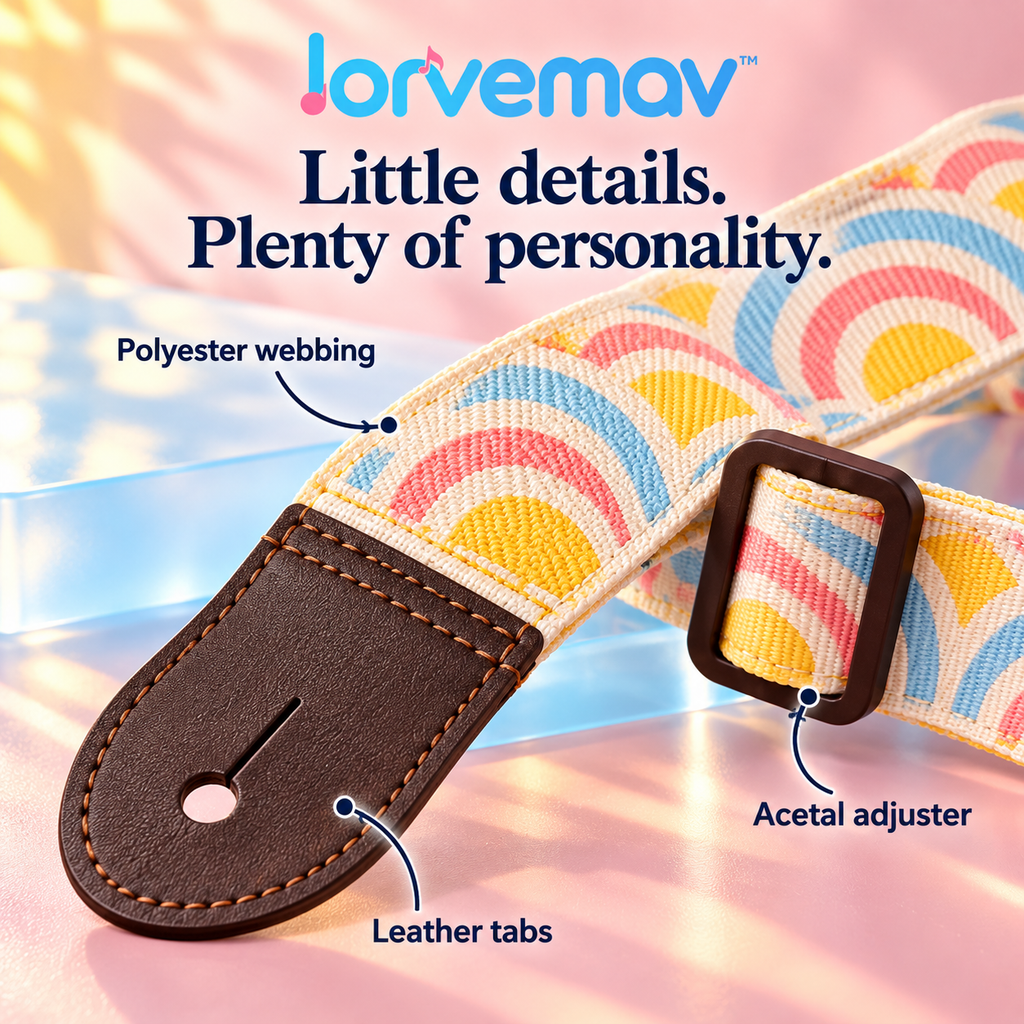 lorvemav™ Sunloop Adjustable Ukulele Strap, 1.5-Inch Woven Strap with Leather Ends & Headstock Tie for Soprano, Concert and Tenor Ukuleles