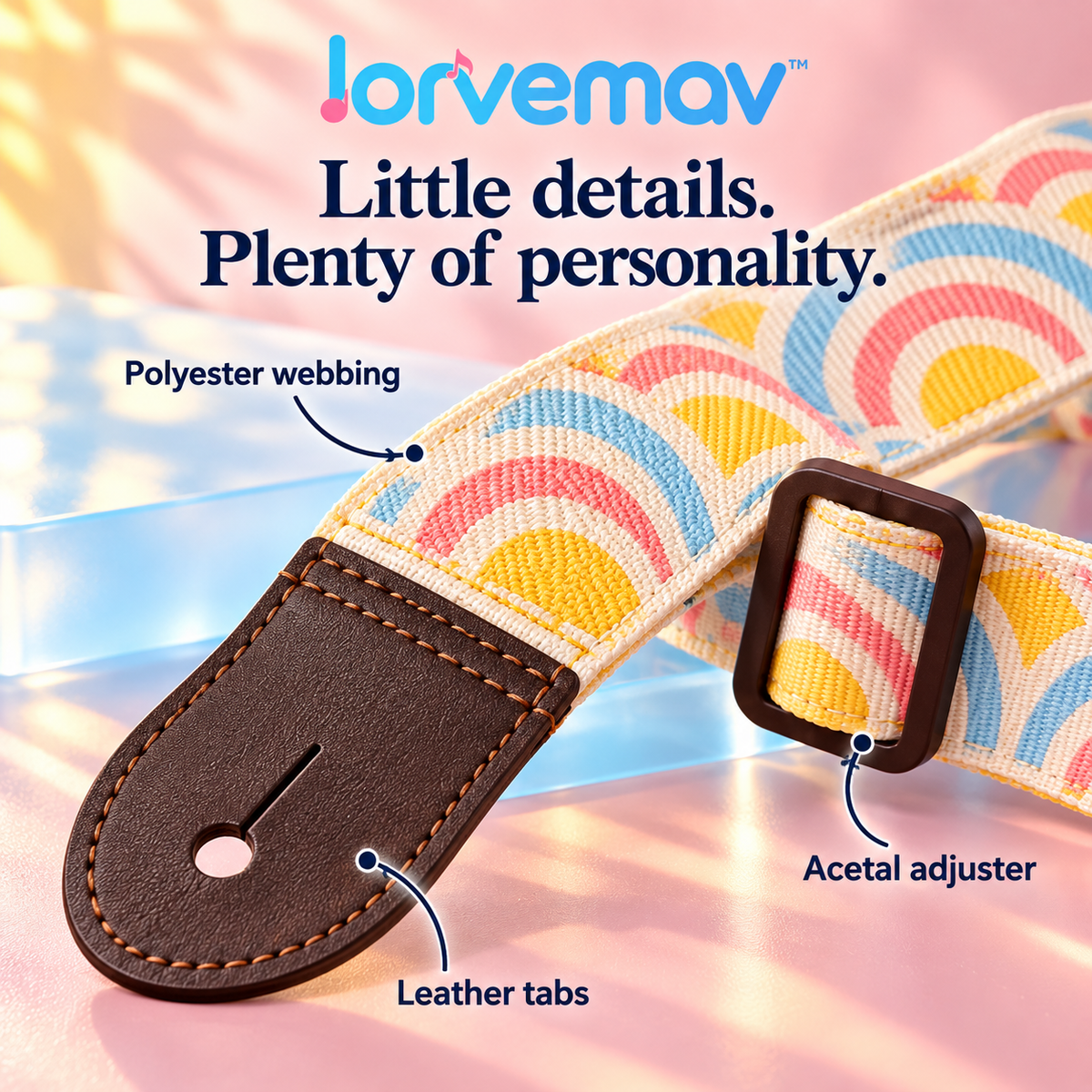 lorvemav™ Sunloop Adjustable Ukulele Strap, 1.5-Inch Woven Strap with Leather Ends & Headstock Tie for Soprano, Concert and Tenor Ukuleles
