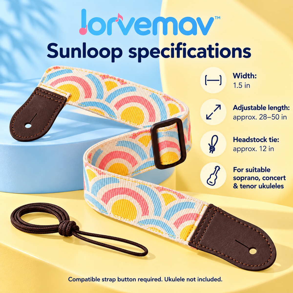 lorvemav™ Sunloop Adjustable Ukulele Strap, 1.5-Inch Woven Strap with Leather Ends & Headstock Tie for Soprano, Concert and Tenor Ukuleles