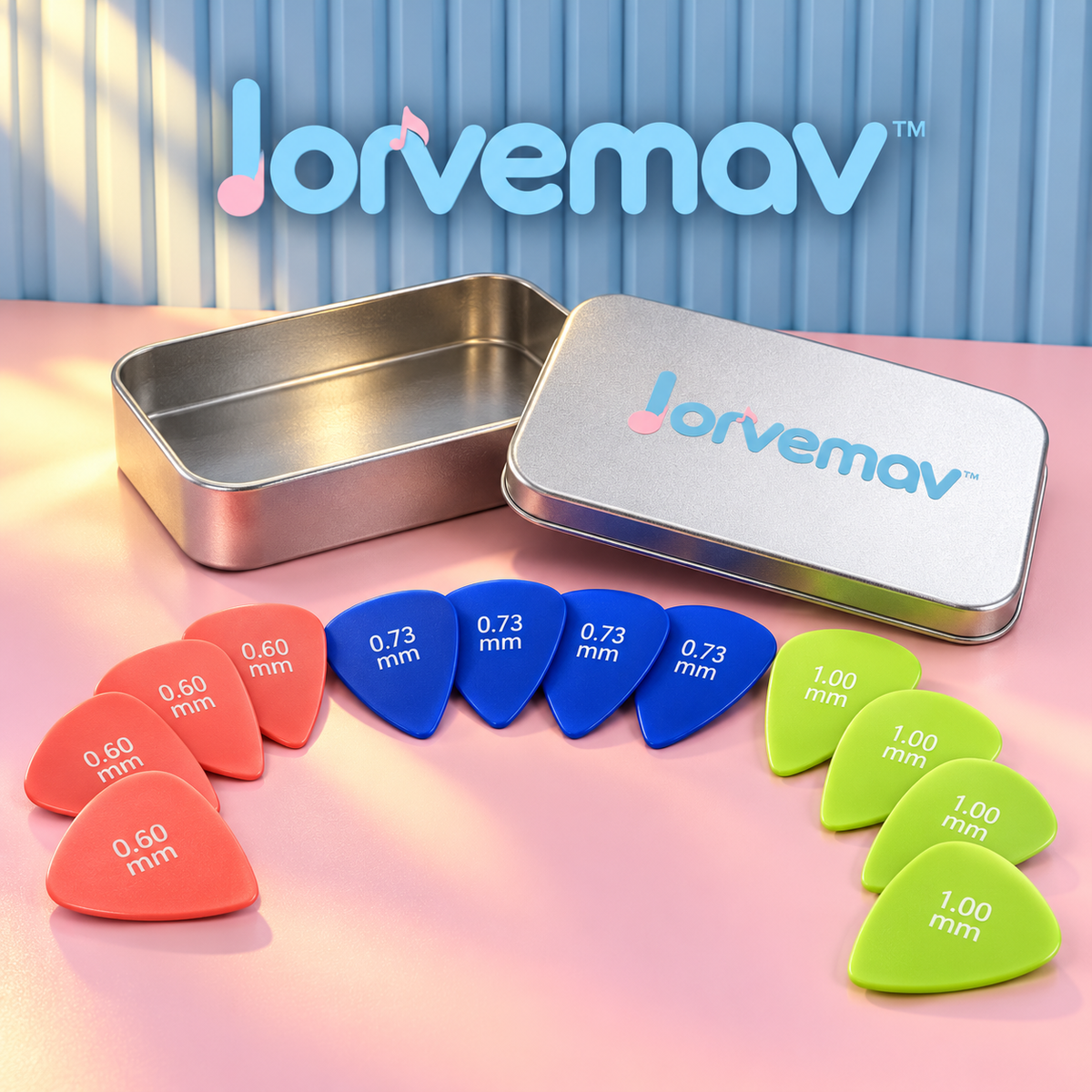 lorvemav™ Pickpop Guitar Pick Variety Pack, 12 Color-Coded Acetal Picks in 0.60, 0.73 & 1.00 mm with Storage Tin