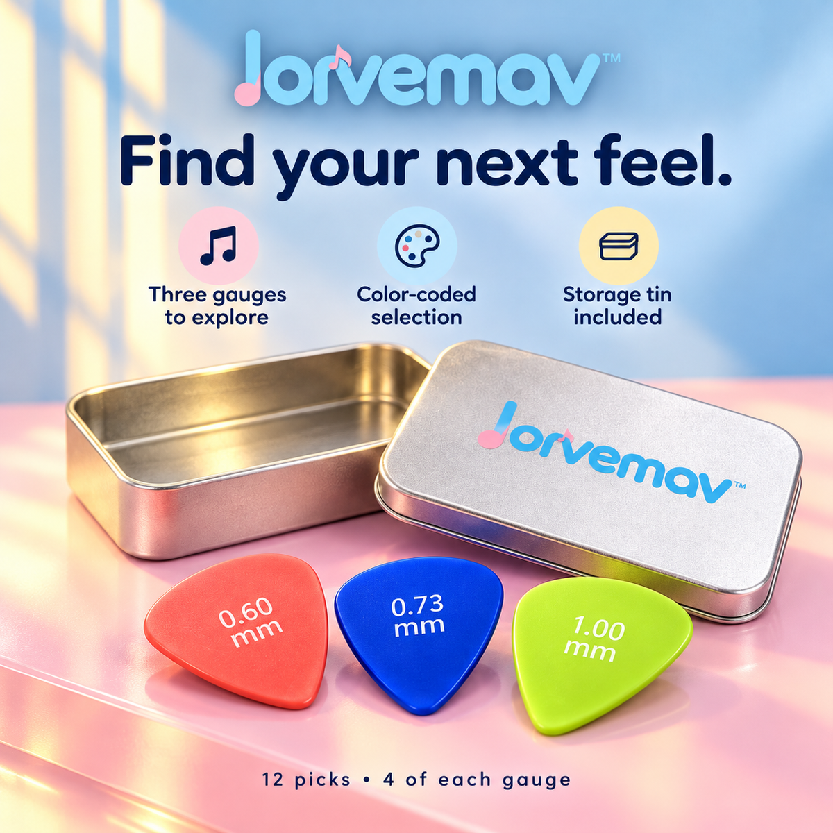 lorvemav™ Pickpop Guitar Pick Variety Pack, 12 Color-Coded Acetal Picks in 0.60, 0.73 & 1.00 mm with Storage Tin