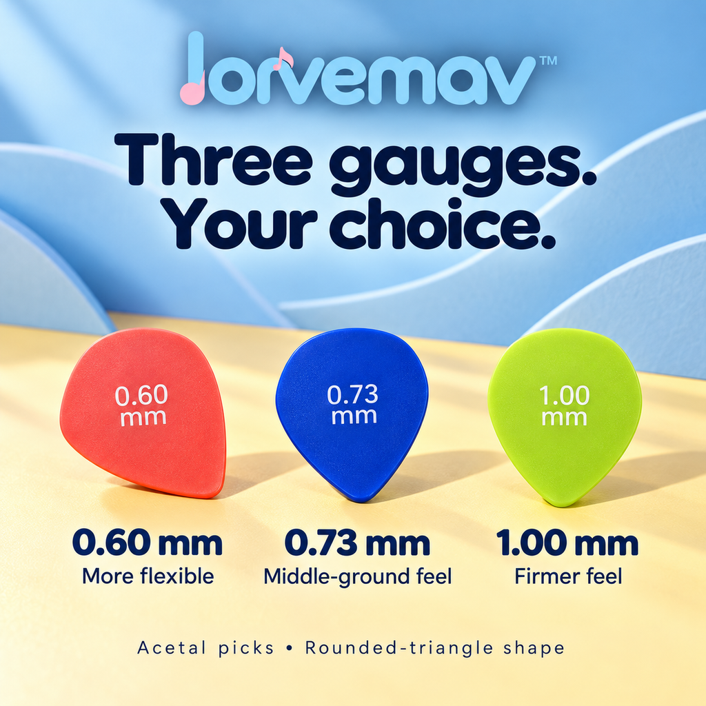 lorvemav™ Pickpop Guitar Pick Variety Pack, 12 Color-Coded Acetal Picks in 0.60, 0.73 & 1.00 mm with Storage Tin