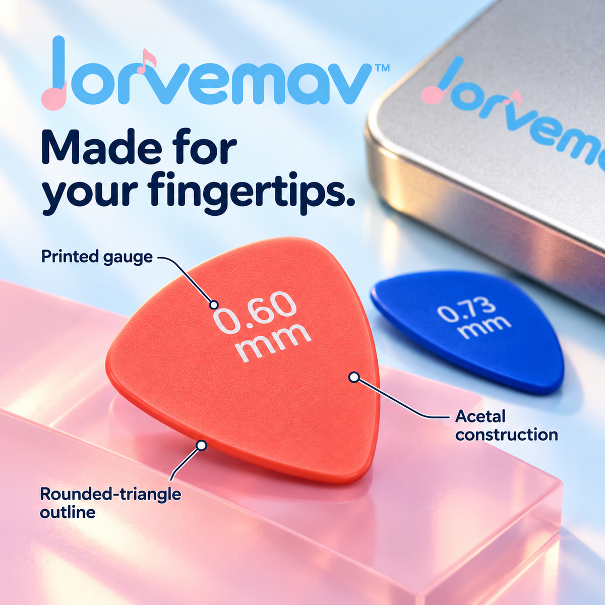 lorvemav™ Pickpop Guitar Pick Variety Pack, 12 Color-Coded Acetal Picks in 0.60, 0.73 & 1.00 mm with Storage Tin