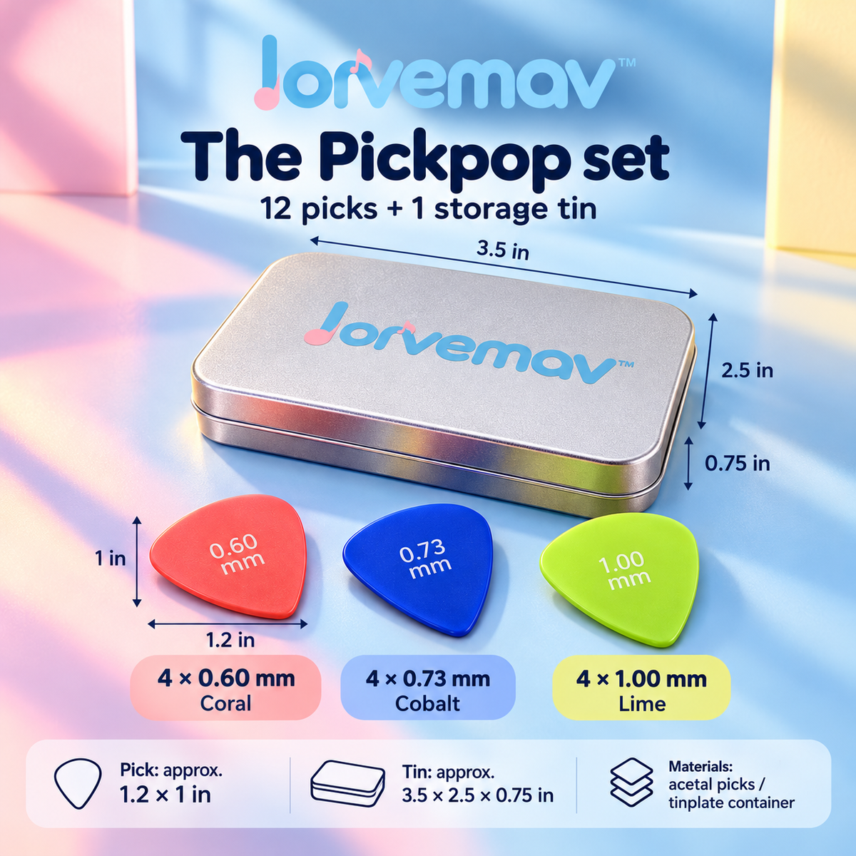 lorvemav™ Pickpop Guitar Pick Variety Pack, 12 Color-Coded Acetal Picks in 0.60, 0.73 & 1.00 mm with Storage Tin