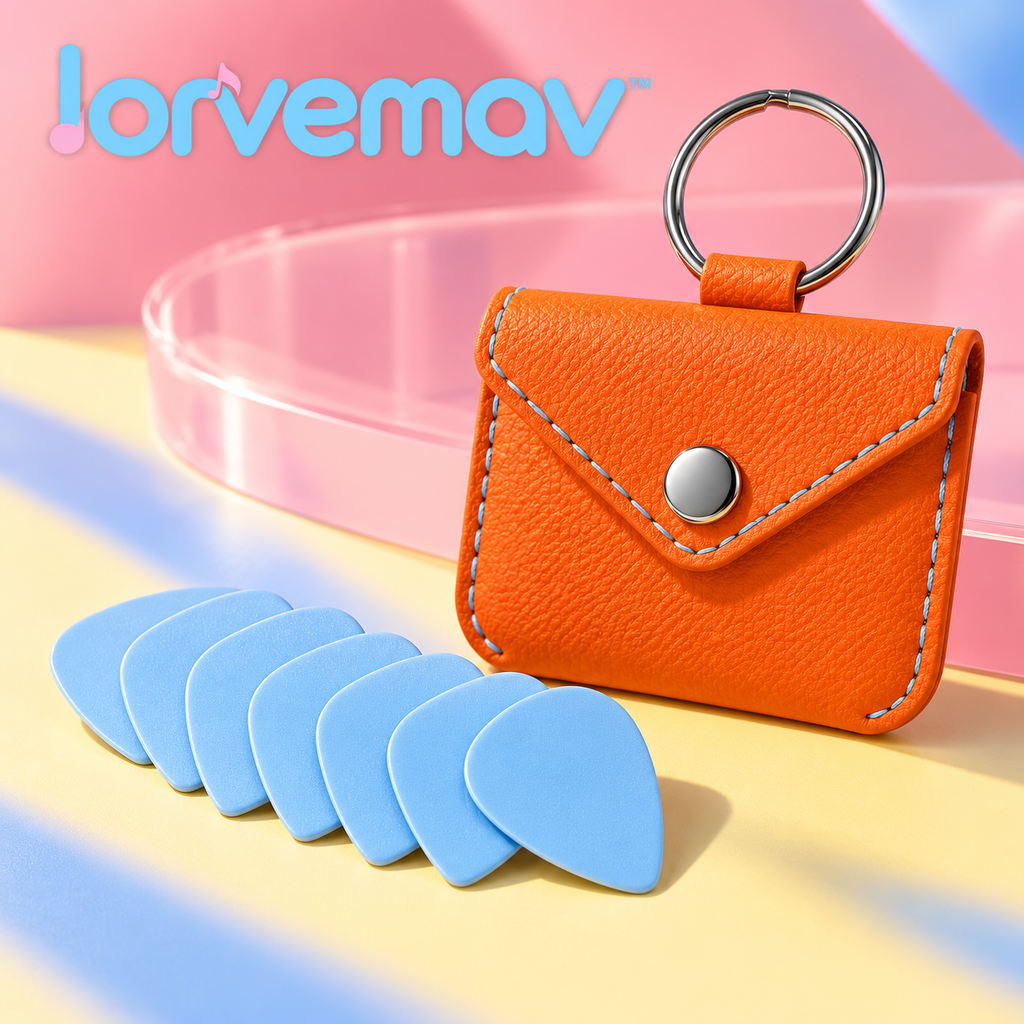 lorvemav™ Pocketbeat Guitar Pick Holder Keychain, Snap-Close Faux-Leather Pick Pouch with 6 Medium Guitar Picks