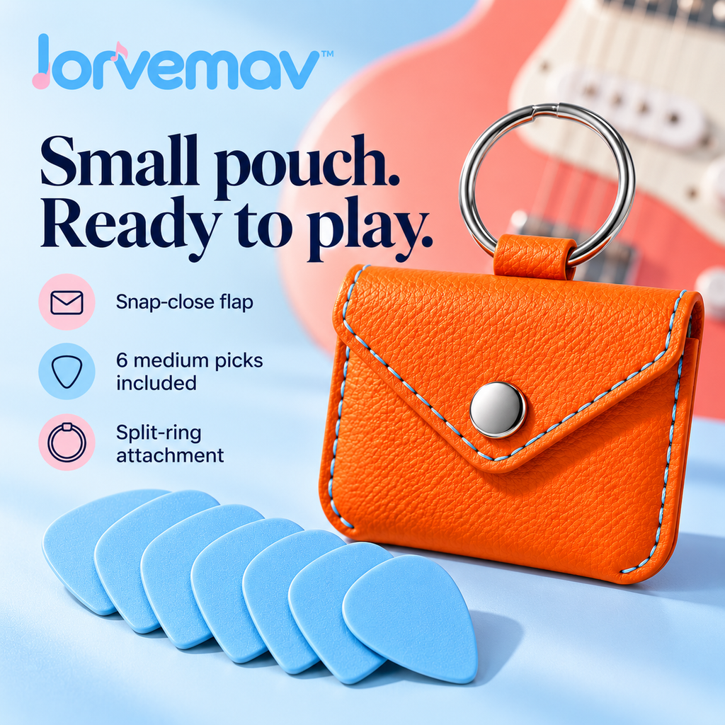 lorvemav™ Pocketbeat Guitar Pick Holder Keychain, Snap-Close Faux-Leather Pick Pouch with 6 Medium Guitar Picks