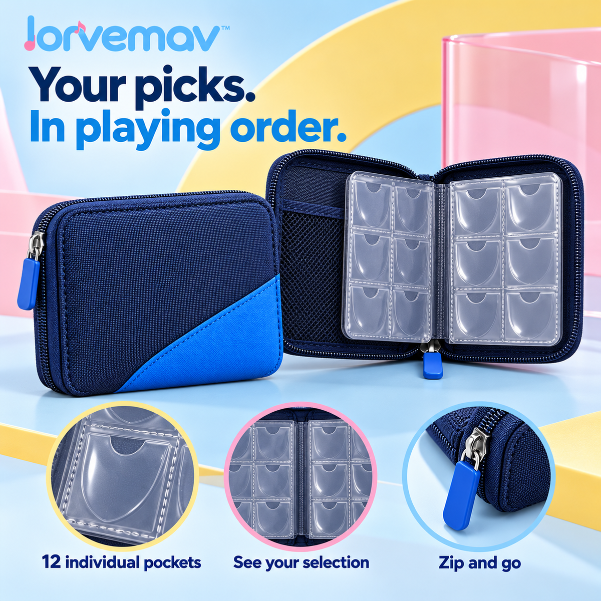 lorvemav™ Setlist Guitar Pick Organizer Case, Zippered 12-Pocket Pick Wallet with Mesh Accessory Pocket