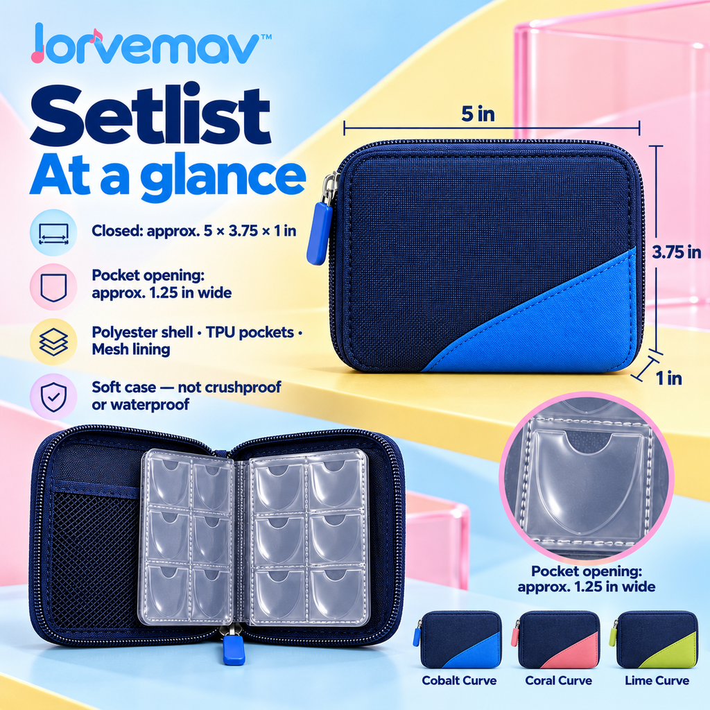 lorvemav™ Setlist Guitar Pick Organizer Case, Zippered 12-Pocket Pick Wallet with Mesh Accessory Pocket