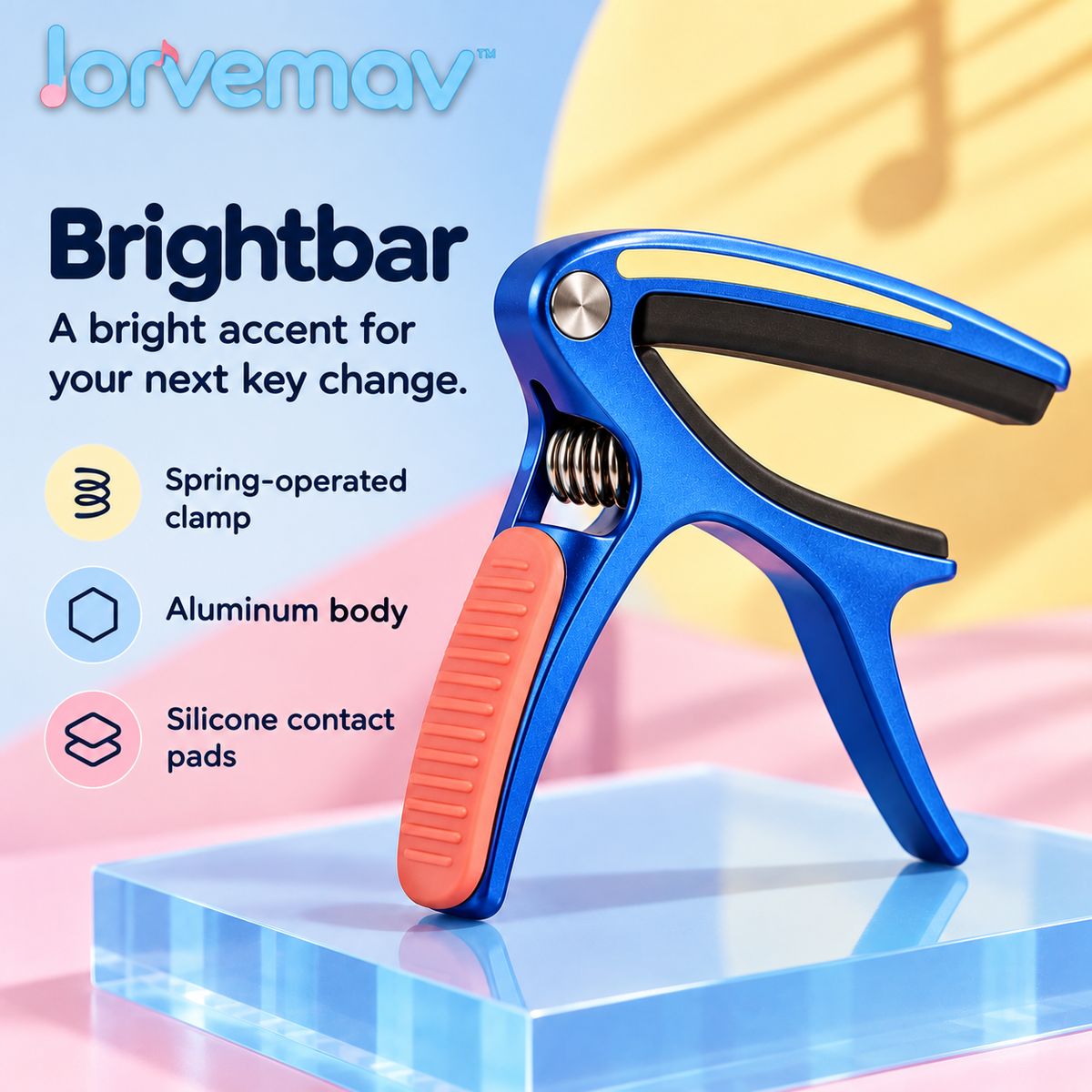 lorvemav™ Brightbar Spring Guitar Capo, Aluminum Quick-Change Capo with Silicone Pads for Compatible 6-String Acoustic & Electric Guitars