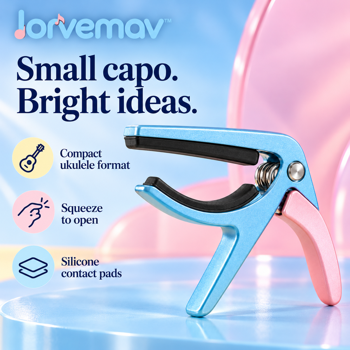 lorvemav™ Minibar Ukulele Capo, Compact Spring Capo with Silicone Contact Pads for Compatible Soprano, Concert & Tenor Ukuleles