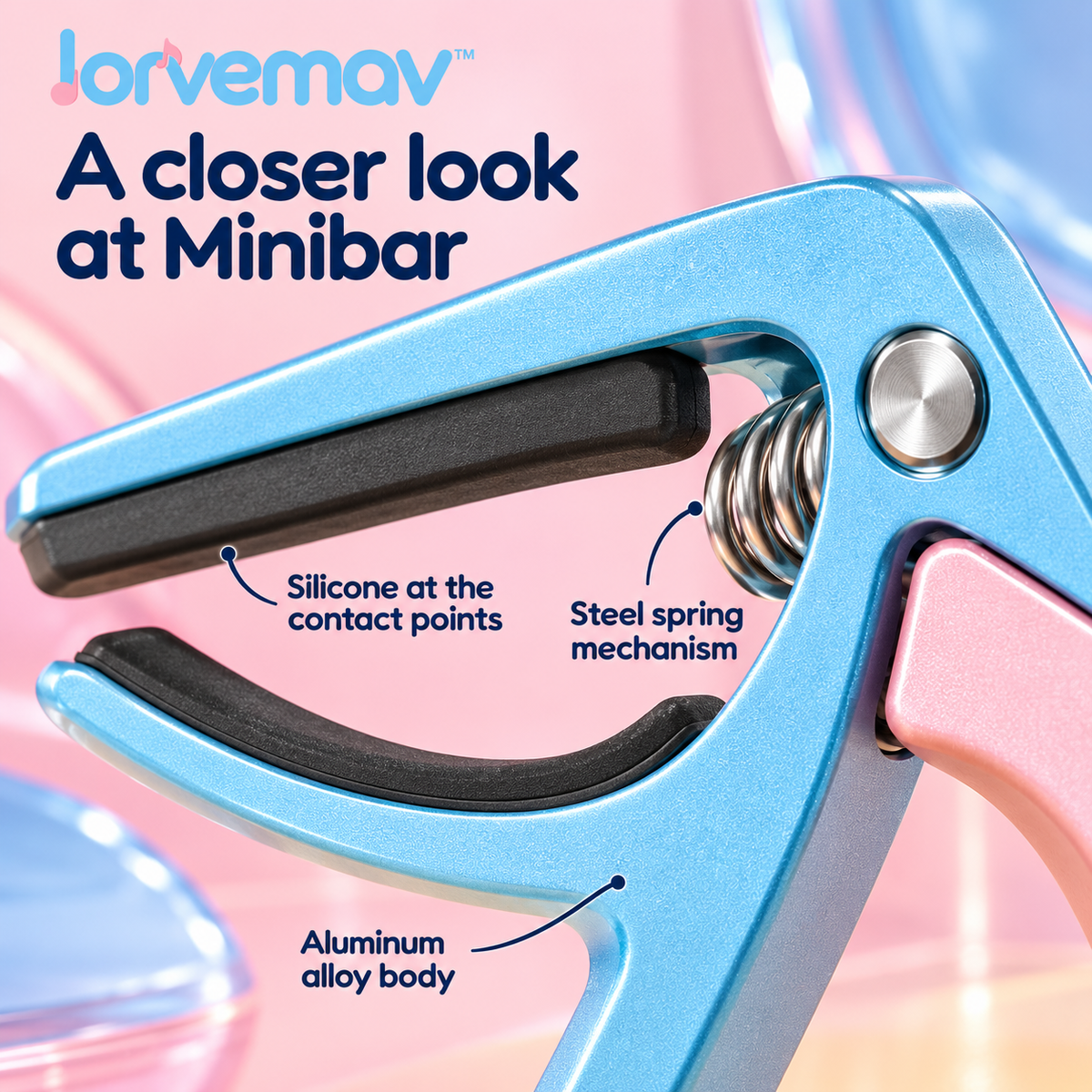 lorvemav™ Minibar Ukulele Capo, Compact Spring Capo with Silicone Contact Pads for Compatible Soprano, Concert & Tenor Ukuleles