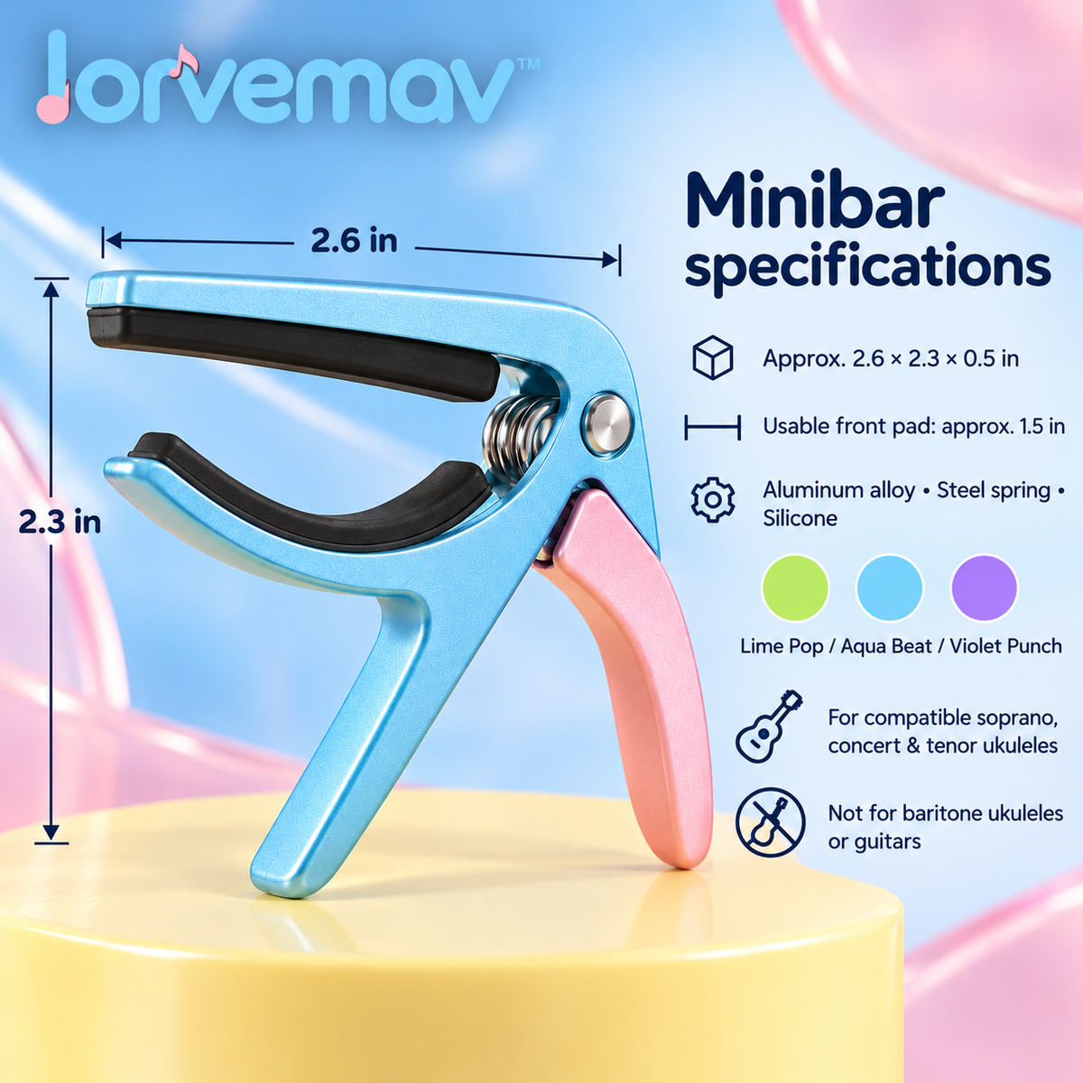lorvemav™ Minibar Ukulele Capo, Compact Spring Capo with Silicone Contact Pads for Compatible Soprano, Concert & Tenor Ukuleles