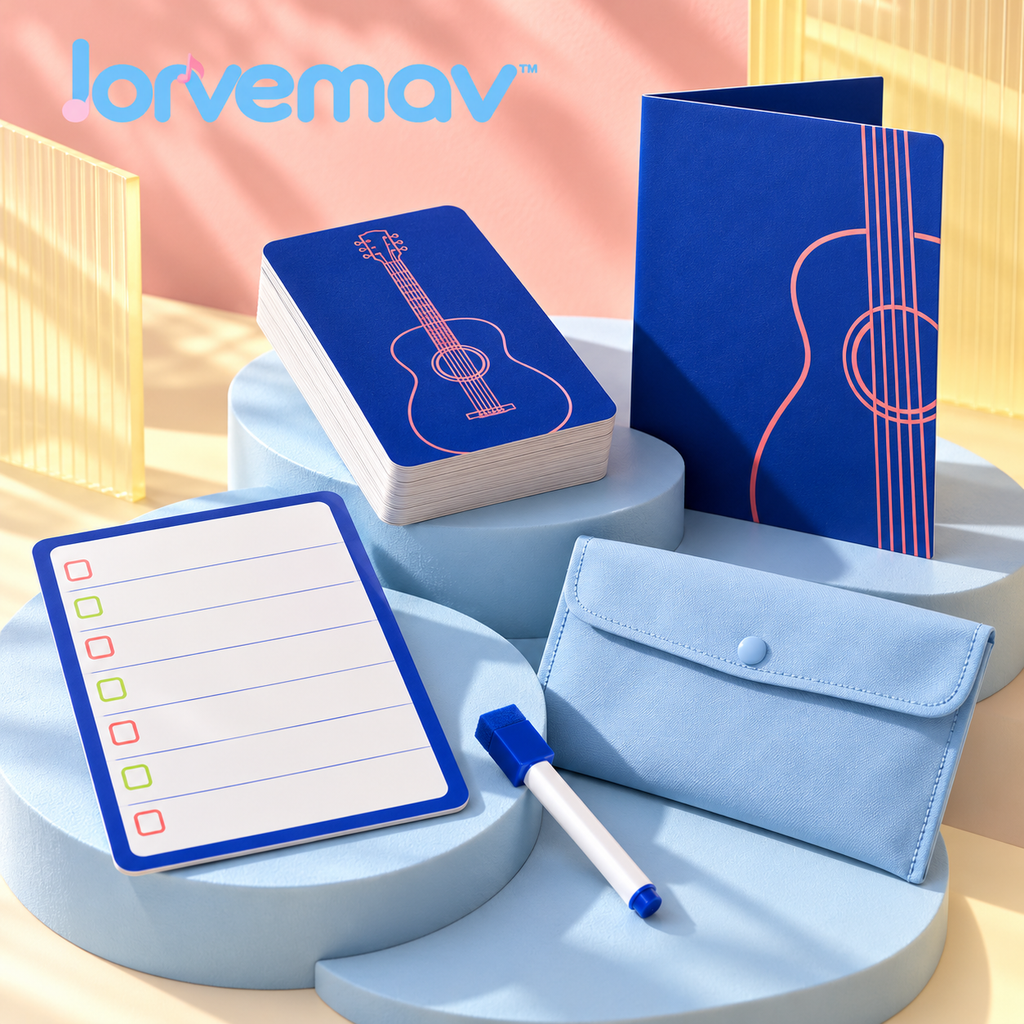 lorvemav™ Chordpath Guitar Practice Reference Set, 24 Chord Flash Cards with 6-String Fretboard Note Map & Dry-Erase Practice Planner