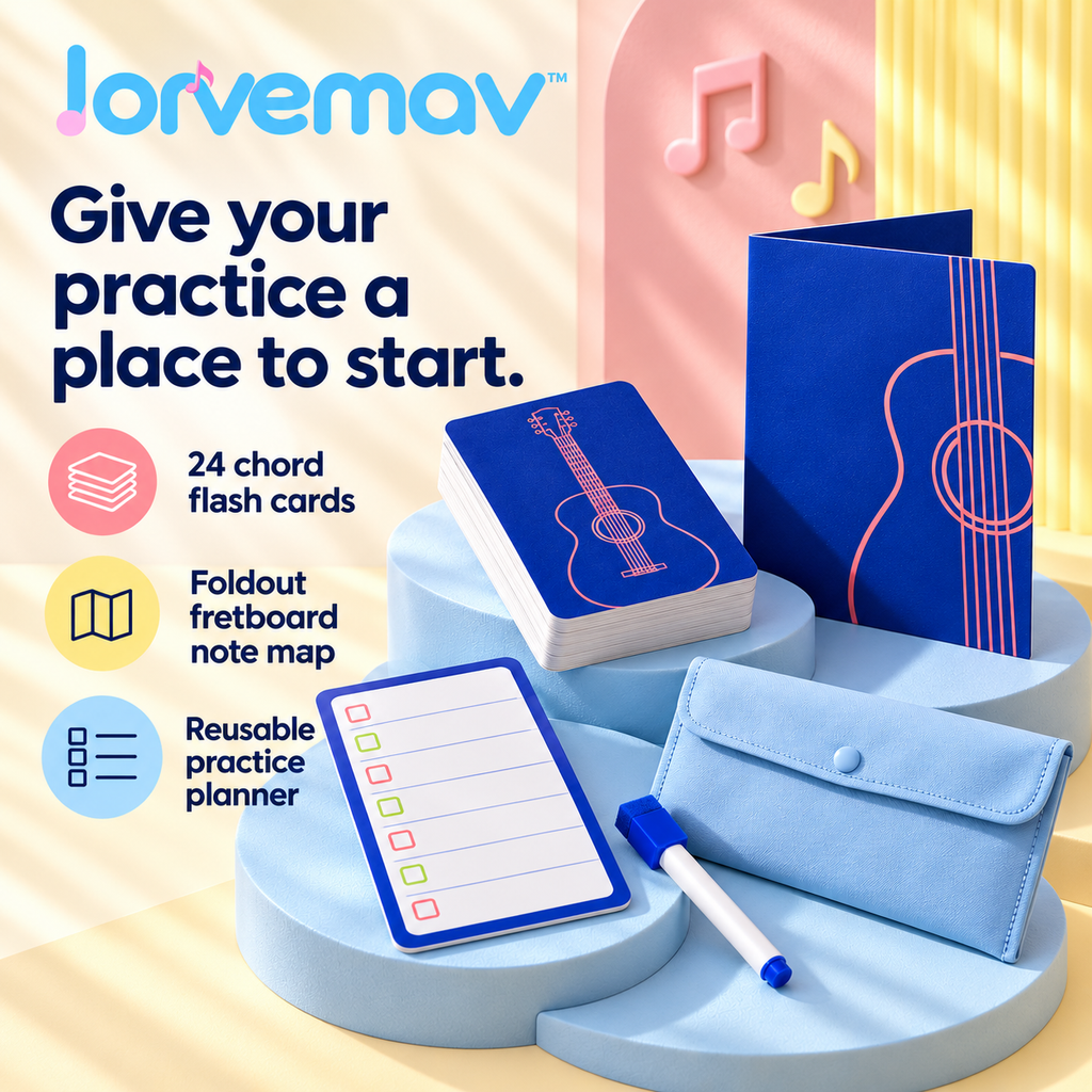 lorvemav™ Chordpath Guitar Practice Reference Set, 24 Chord Flash Cards with 6-String Fretboard Note Map & Dry-Erase Practice Planner