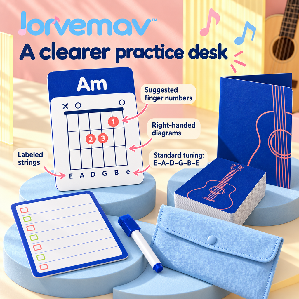 lorvemav™ Chordpath Guitar Practice Reference Set, 24 Chord Flash Cards with 6-String Fretboard Note Map & Dry-Erase Practice Planner