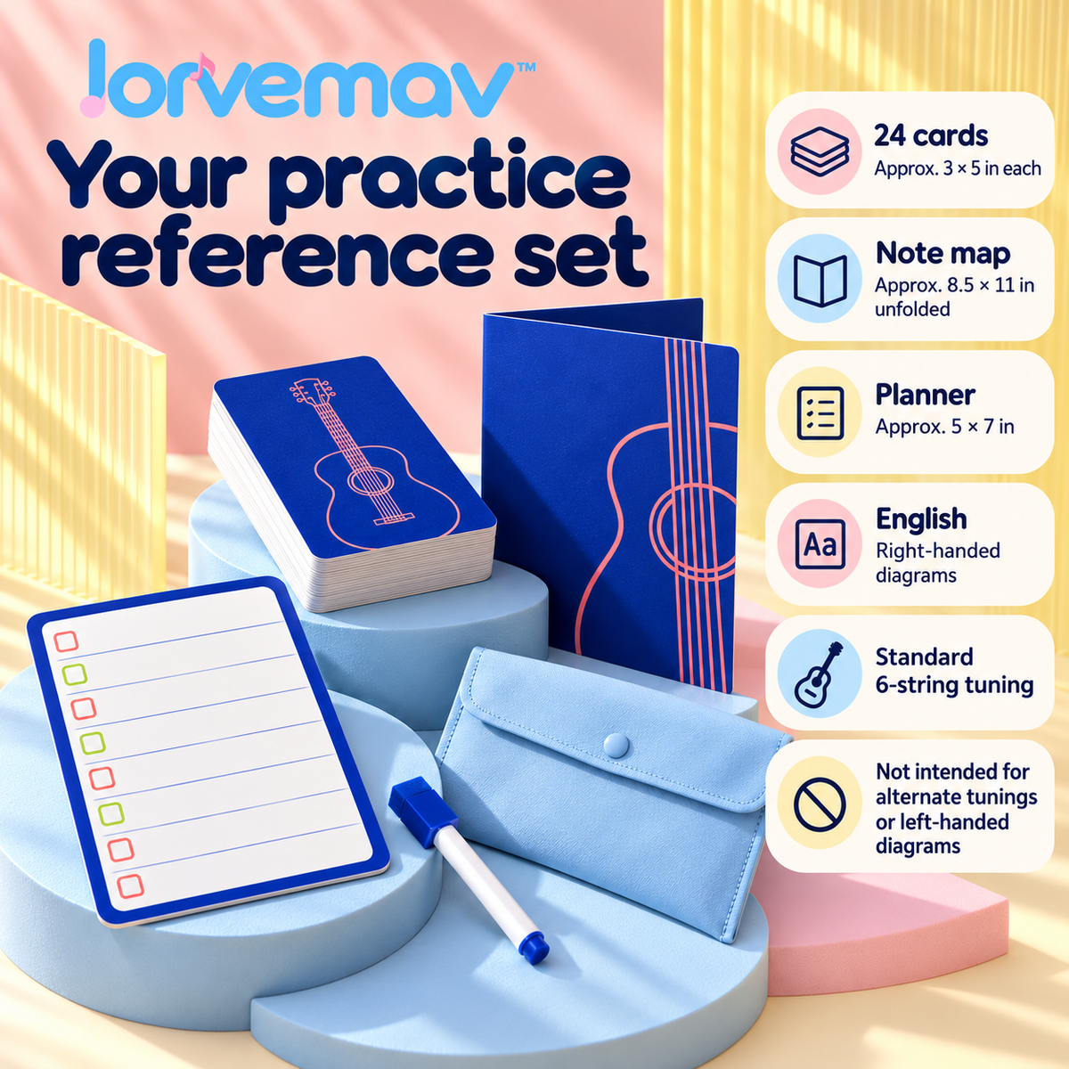 lorvemav™ Chordpath Guitar Practice Reference Set, 24 Chord Flash Cards with 6-String Fretboard Note Map & Dry-Erase Practice Planner
