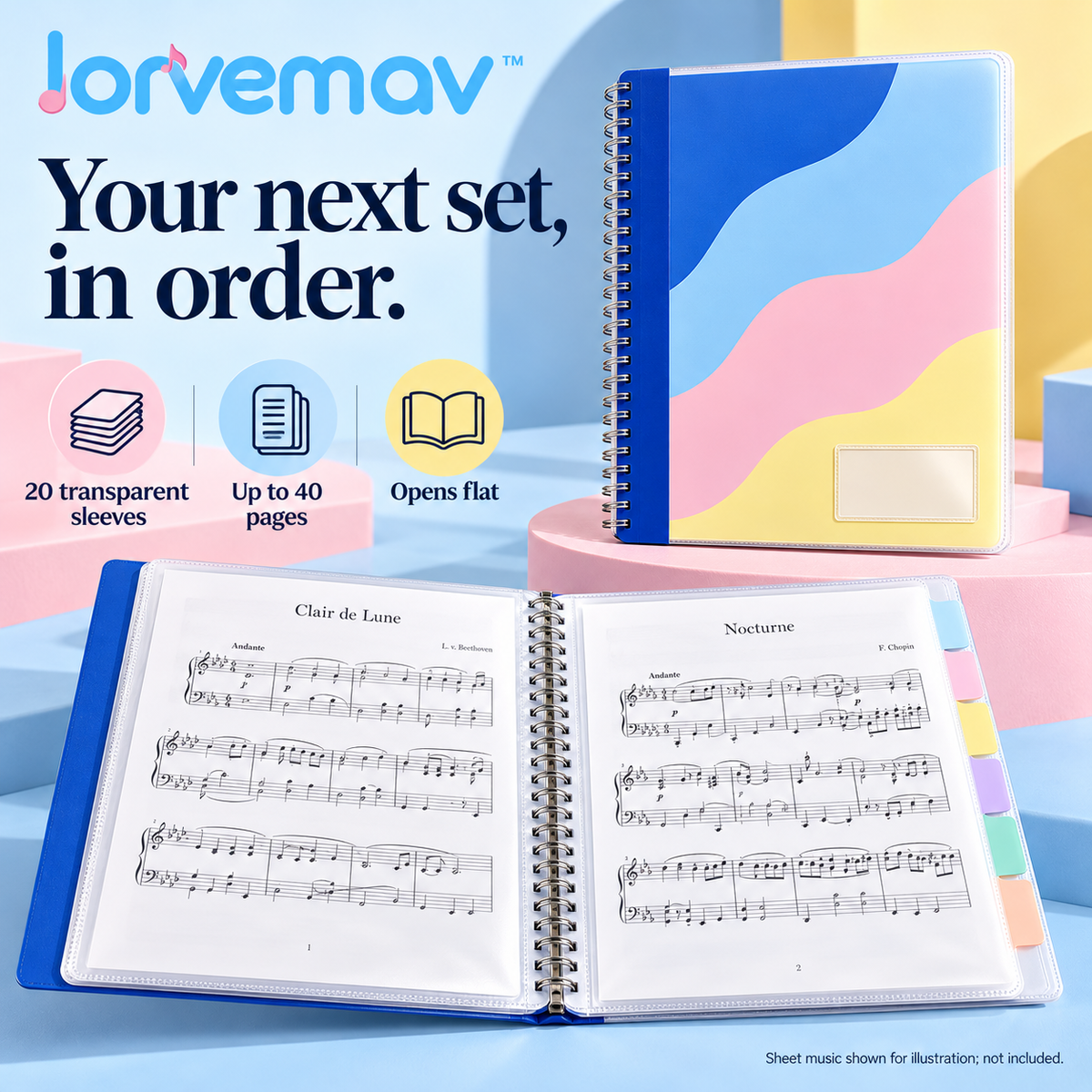 lorvemav™ Pagepulse Sheet Music Folder, 20-Sleeve Spiral Music Binder for 40 Letter-Size Pages with Index Tabs