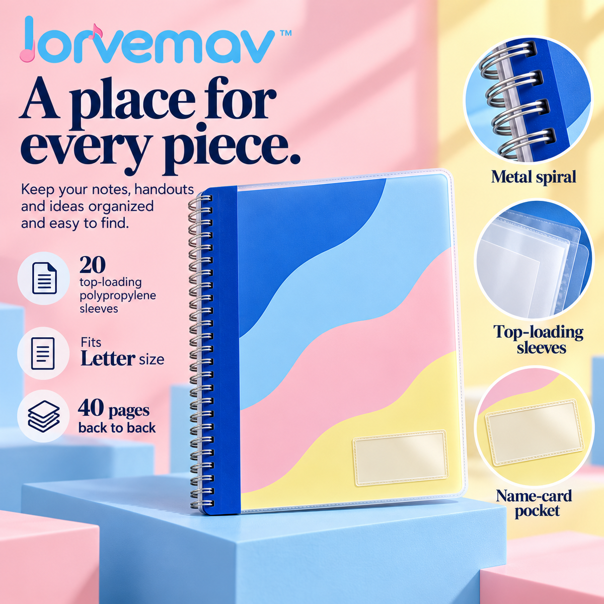 lorvemav™ Pagepulse Sheet Music Folder, 20-Sleeve Spiral Music Binder for 40 Letter-Size Pages with Index Tabs