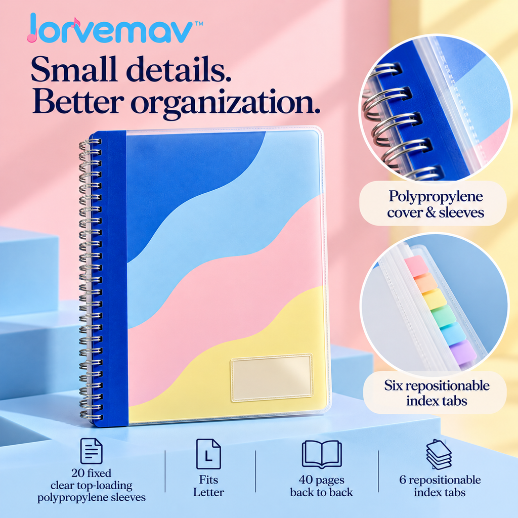 lorvemav™ Pagepulse Sheet Music Folder, 20-Sleeve Spiral Music Binder for 40 Letter-Size Pages with Index Tabs