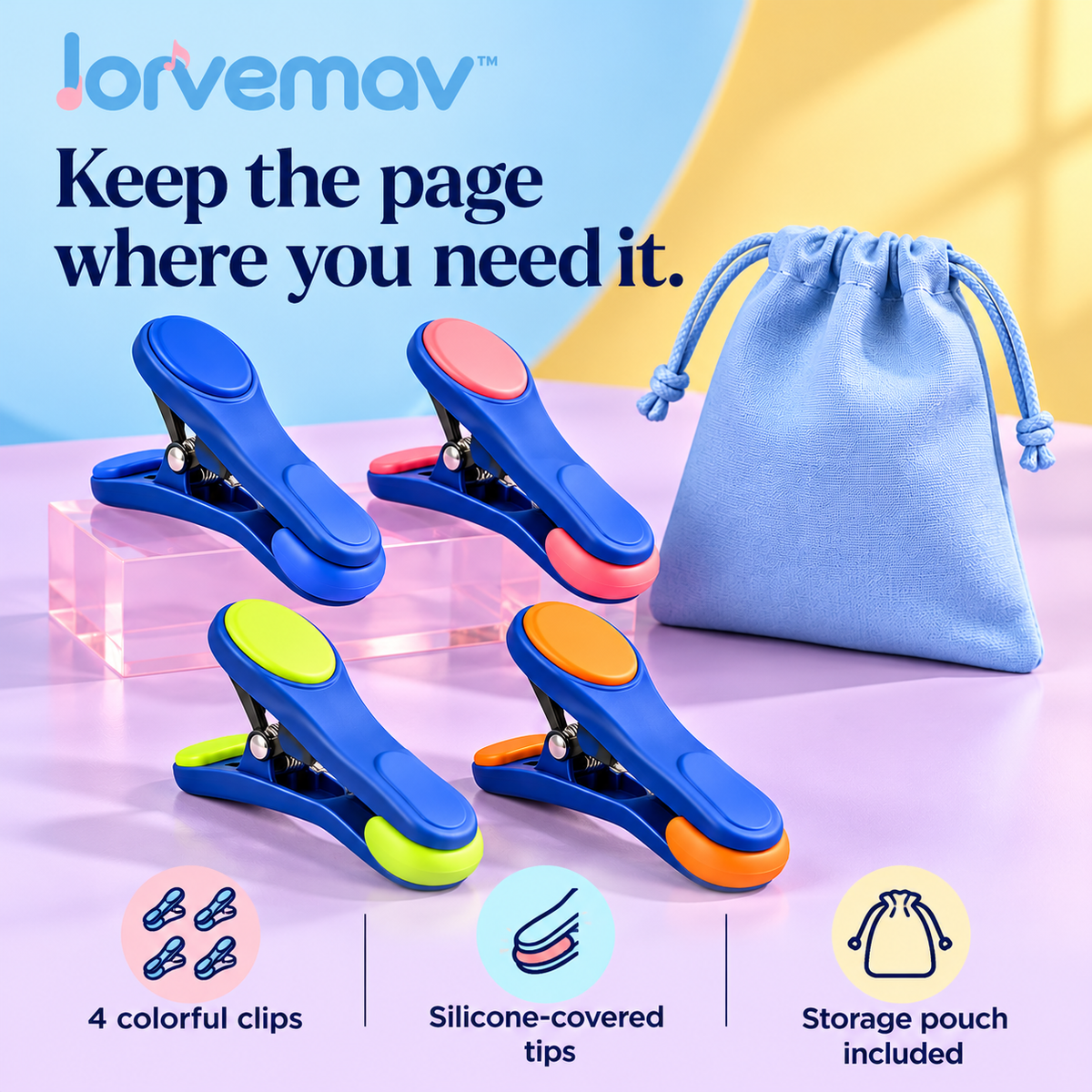 lorvemav™ Clipchorus Sheet Music Clip Set, 4 Silicone-Tipped Page Clips with Storage Pouch for Music Stands & Practice Books