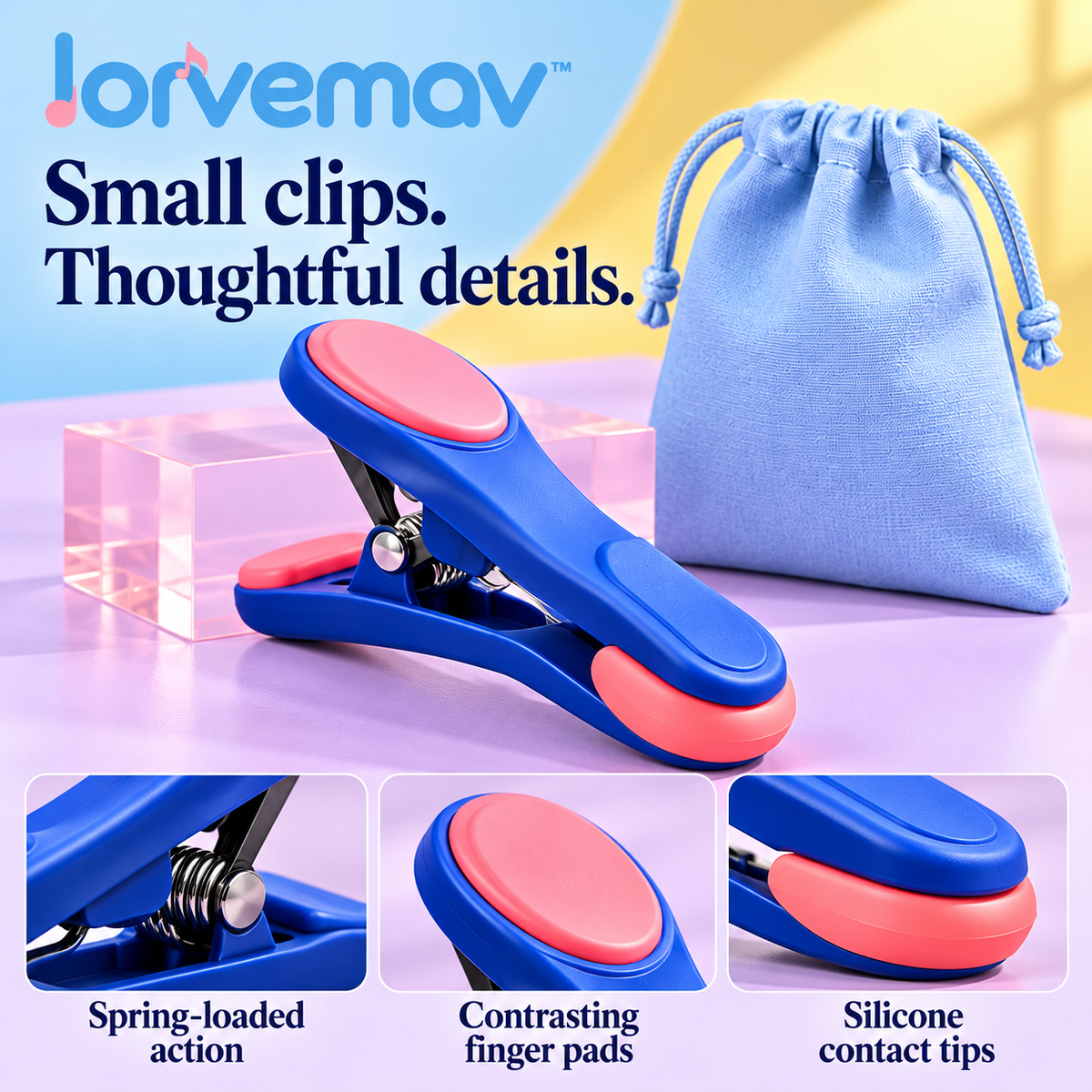 lorvemav™ Clipchorus Sheet Music Clip Set, 4 Silicone-Tipped Page Clips with Storage Pouch for Music Stands & Practice Books