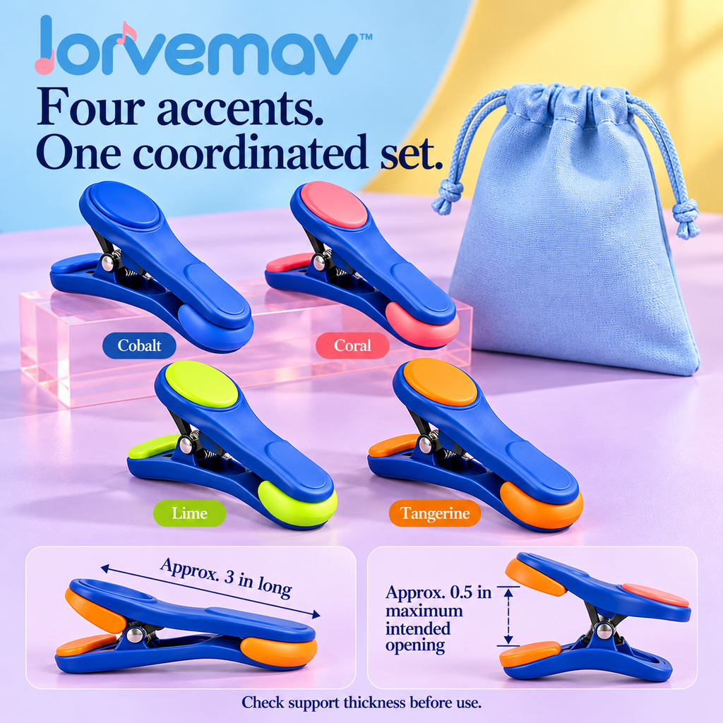 lorvemav™ Clipchorus Sheet Music Clip Set, 4 Silicone-Tipped Page Clips with Storage Pouch for Music Stands & Practice Books