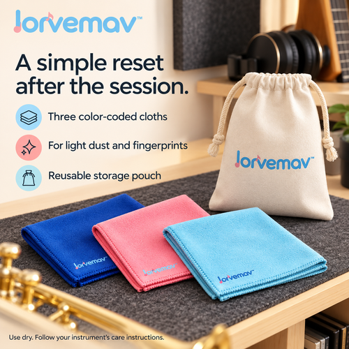 lorvemav™ Softsync Instrument Cleaning Cloth Set, 3 Color-Coded Microfiber Cloths with Storage Pouch for Guitar & Ukulele Care