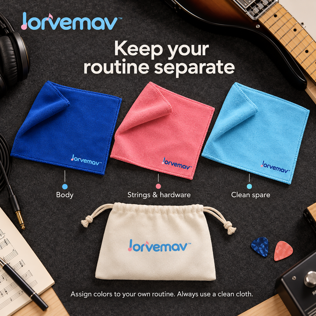 lorvemav™ Softsync Instrument Cleaning Cloth Set, 3 Color-Coded Microfiber Cloths with Storage Pouch for Guitar & Ukulele Care
