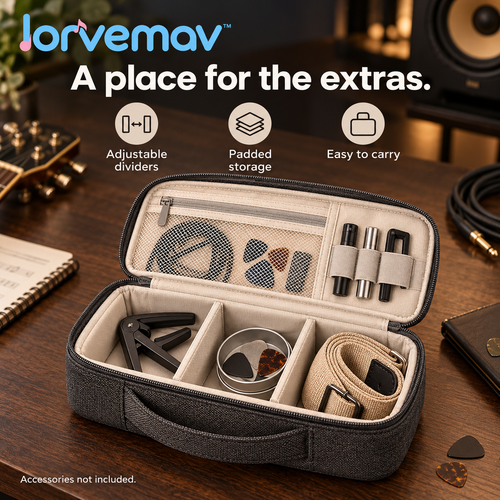 lorvemav™ Gigpatch Musician Accessory Organizer Bag, Padded Zippered Pouch with Removable Dividers for Capos, Picks, Straps & Small Gear