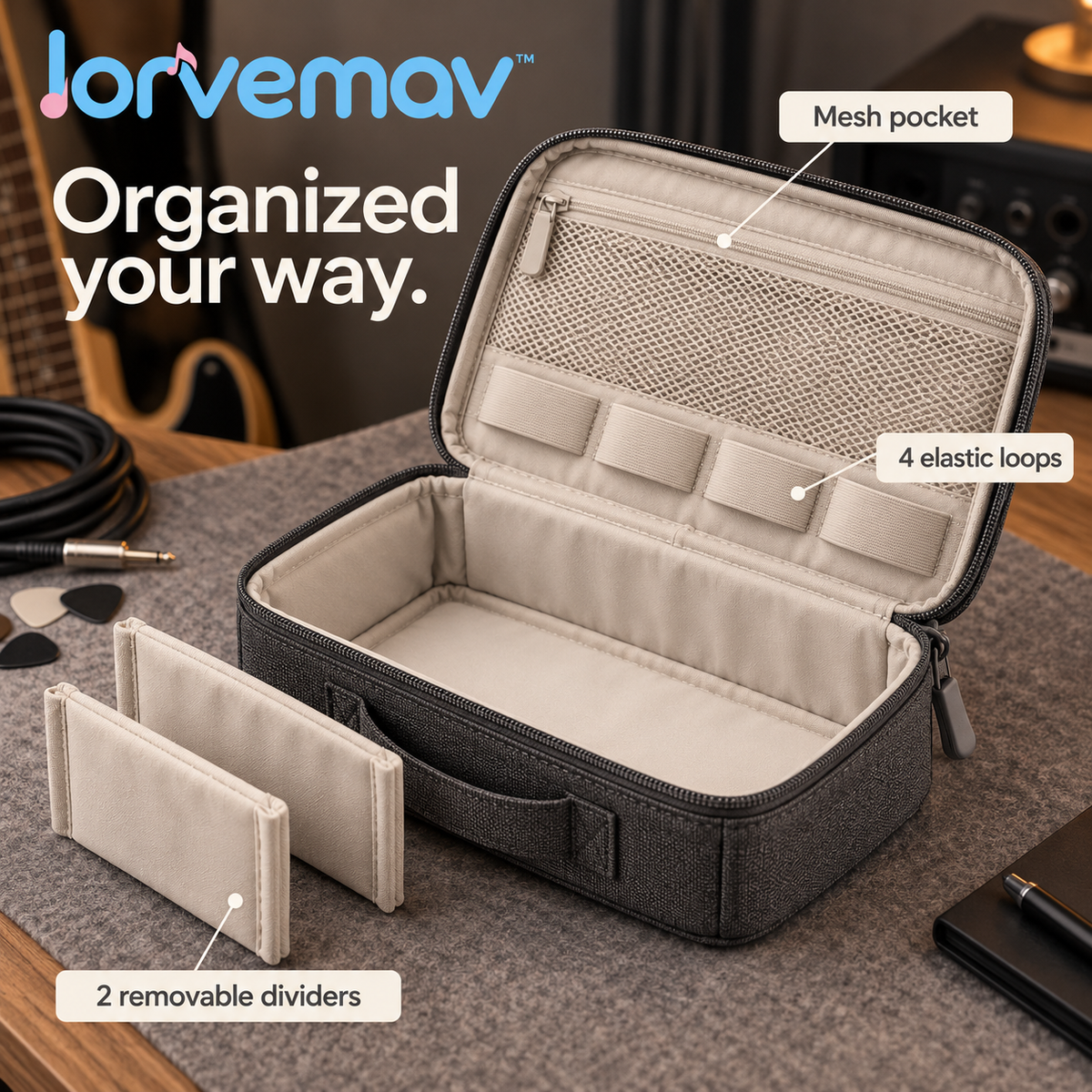 lorvemav™ Gigpatch Musician Accessory Organizer Bag, Padded Zippered Pouch with Removable Dividers for Capos, Picks, Straps & Small Gear